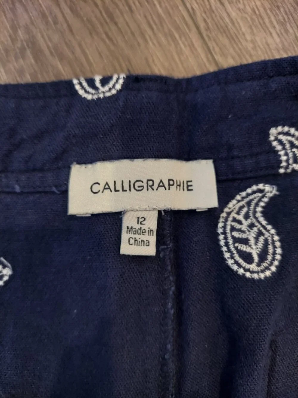 Calligraphie Linen Blend Paisley Wide Leg Cropped Pants Blue Coastal Nautical - Picture 5 of 13